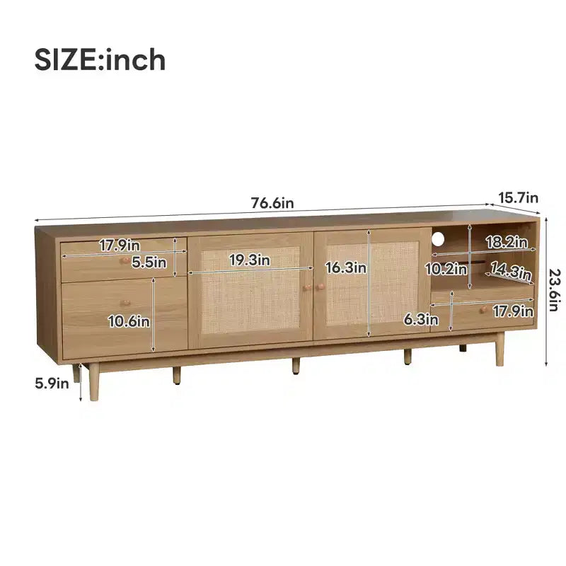 GDFStudio Danny Boho TV Stand with Rattan Woven Doors, Open Storage and Drawers