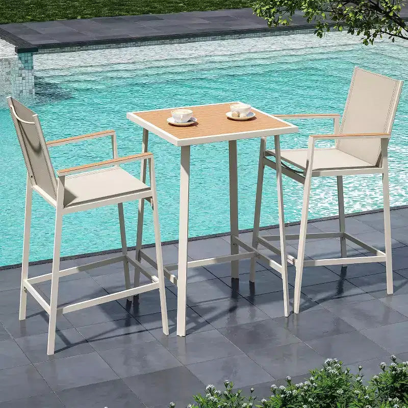 LAUSAINT HOME 3-Piece Patio Bar Set, All Weather Textilene Bar Height Table and Chairs Set with Wood Like-Top Table