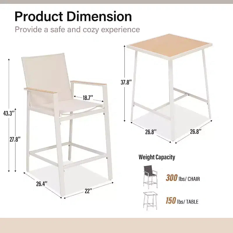 LAUSAINT HOME 3-Piece Patio Bar Set, All Weather Textilene Bar Height Table and Chairs Set with Wood Like-Top Table