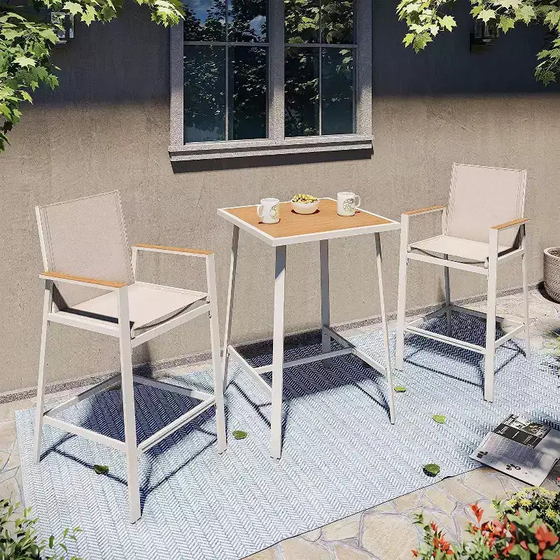LAUSAINT HOME 3-Piece Patio Bar Set, All Weather Textilene Bar Height Table and Chairs Set with Wood Like-Top Table