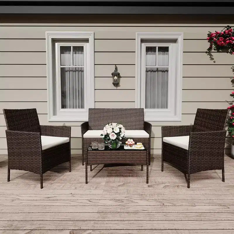 4-Piece Patio Furniture Set with Rattan Sofa, 2 Cushioned Chairs and Coffee Table, Outdoor Conversation Bistro Set for Garden and Backyard