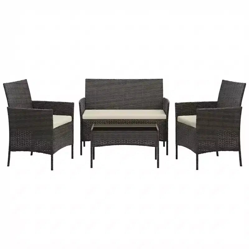 4-Piece Patio Furniture Set with Rattan Sofa, 2 Cushioned Chairs and Coffee Table, Outdoor Conversation Bistro Set for Garden and Backyard