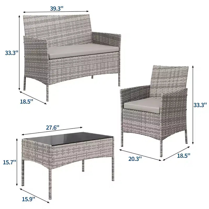 4-Piece Patio Furniture Set with Rattan Sofa, 2 Cushioned Chairs and Coffee Table, Outdoor Conversation Bistro Set for Garden and Backyard