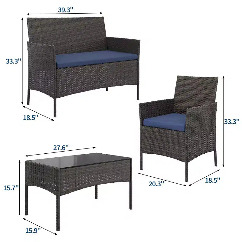 4-Piece Patio Furniture Set with Rattan Sofa, 2 Cushioned Chairs and Coffee Table, Outdoor Conversation Bistro Set for Garden and Backyard