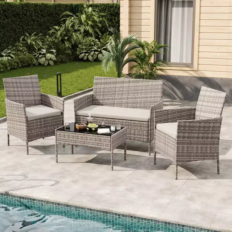 4-Piece Patio Furniture Set with Rattan Sofa, 2 Cushioned Chairs and Coffee Table, Outdoor Conversation Bistro Set for Garden and Backyard