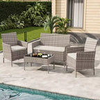4-Piece Patio Furniture Set with Rattan Sofa, 2 Cushioned Chairs and Coffee Table, Outdoor Conversation Bistro Set for Garden and Backyard
