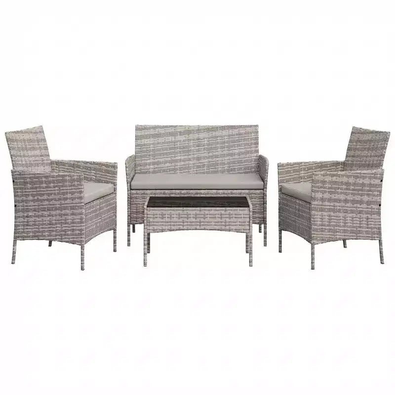 4-Piece Patio Furniture Set with Rattan Sofa, 2 Cushioned Chairs and Coffee Table, Outdoor Conversation Bistro Set for Garden and Backyard