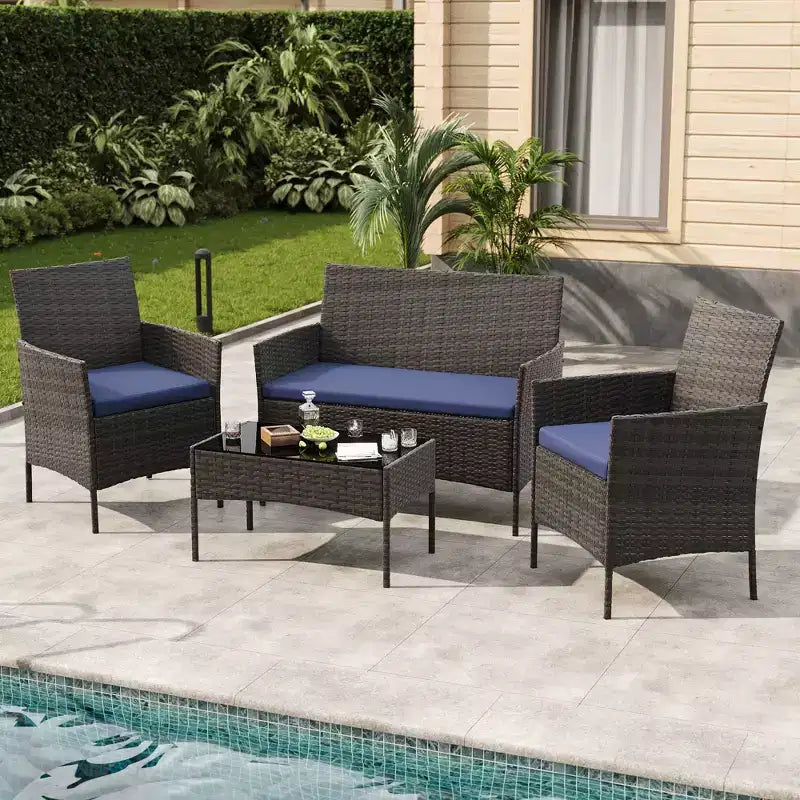 4-Piece Patio Furniture Set with Rattan Sofa, 2 Cushioned Chairs and Coffee Table, Outdoor Conversation Bistro Set for Garden and Backyard