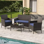 4-Piece Patio Furniture Set with Rattan Sofa, 2 Cushioned Chairs and Coffee Table, Outdoor Conversation Bistro Set for Garden and Backyard