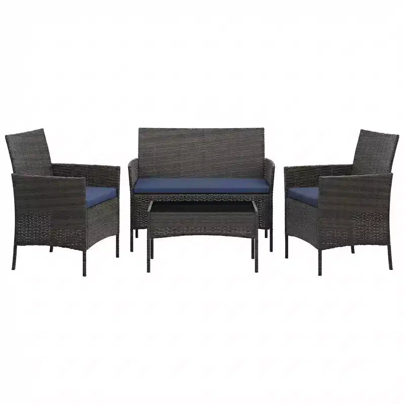 4-Piece Patio Furniture Set with Rattan Sofa, 2 Cushioned Chairs and Coffee Table, Outdoor Conversation Bistro Set for Garden and Backyard