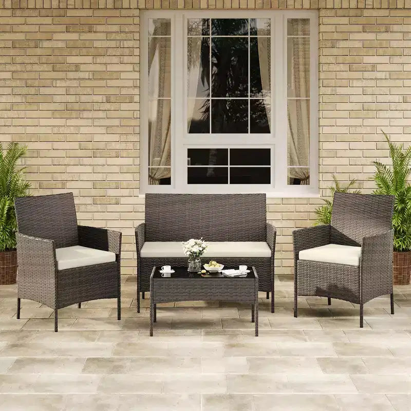 4-Piece Patio Furniture Set with Rattan Sofa, 2 Cushioned Chairs and Coffee Table, Outdoor Conversation Bistro Set for Garden and Backyard