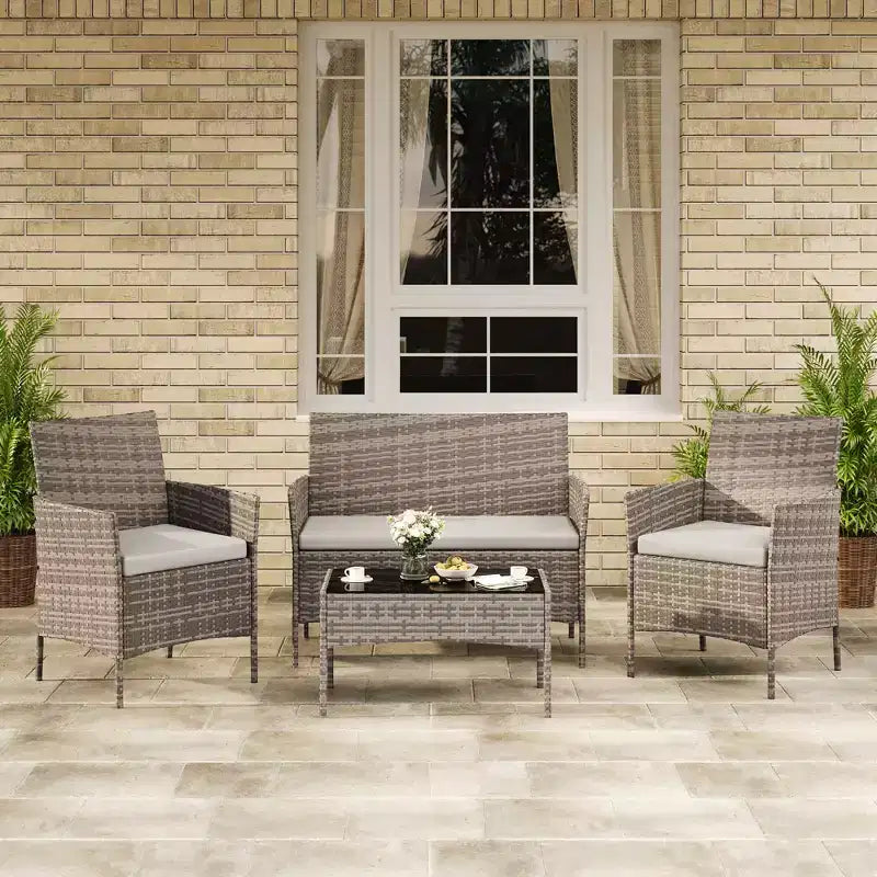 4-Piece Patio Furniture Set with Rattan Sofa, 2 Cushioned Chairs and Coffee Table, Outdoor Conversation Bistro Set for Garden and Backyard