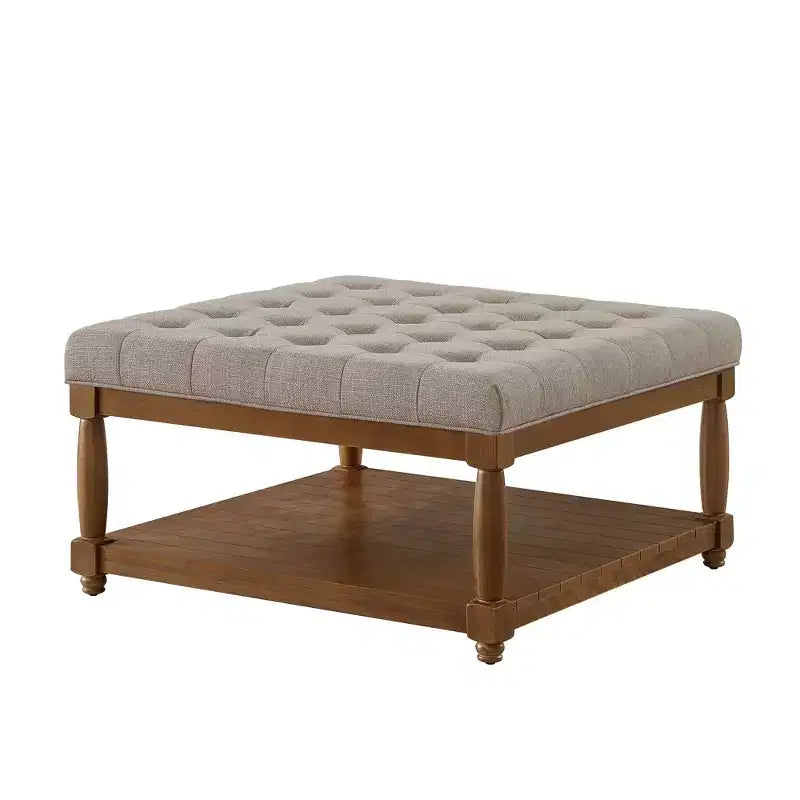 GDFStudio Chloe Modern Wooden Square Linen Upholstered Tufted Ottoman with Shelf Storage