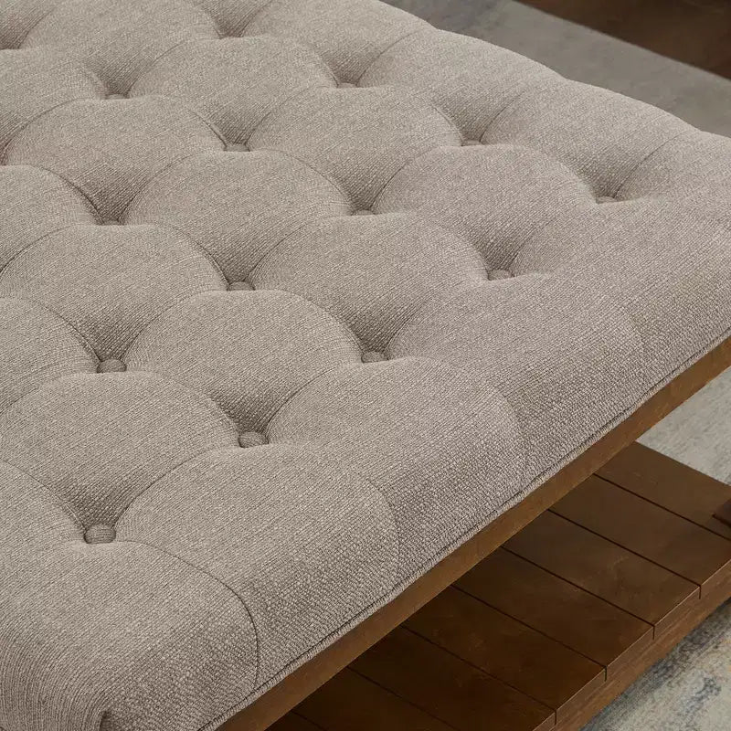 GDFStudio Chloe Modern Wooden Square Linen Upholstered Tufted Ottoman with Shelf Storage