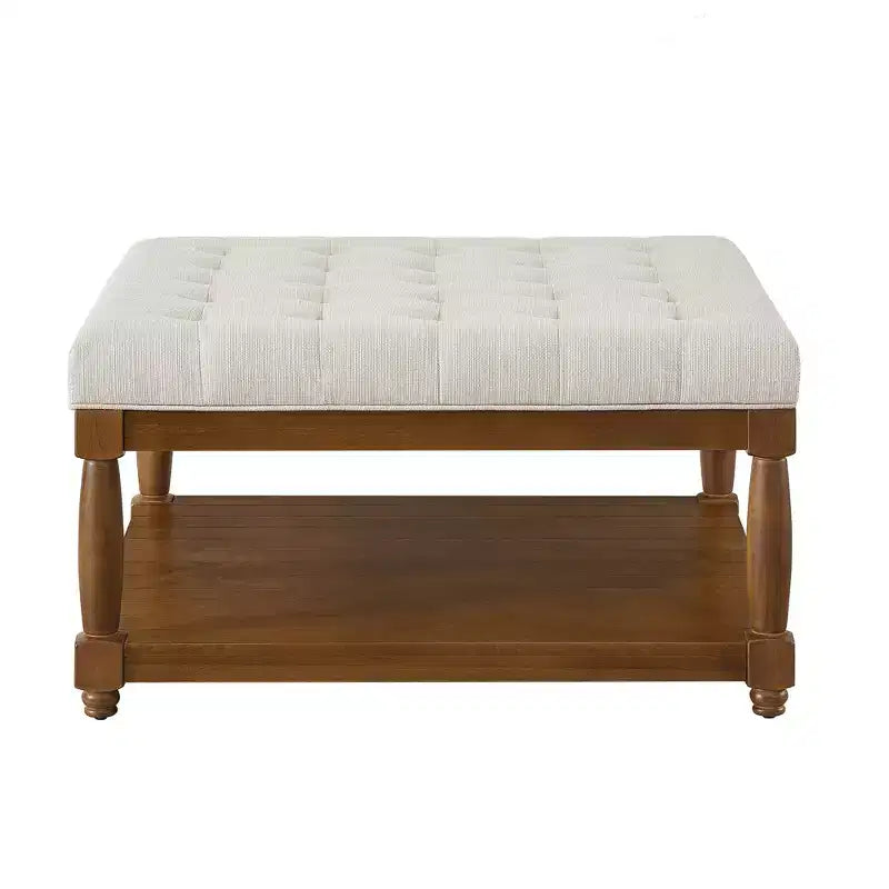GDFStudio Chloe Modern Wooden Square Linen Upholstered Tufted Ottoman with Shelf Storage