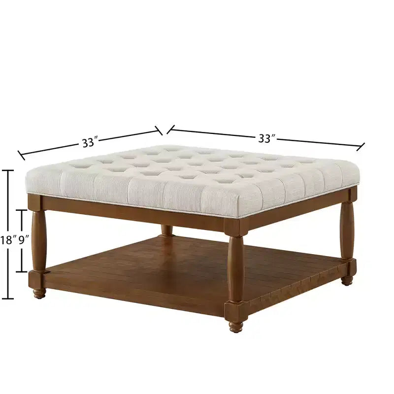 GDFStudio Chloe Modern Wooden Square Linen Upholstered Tufted Ottoman with Shelf Storage