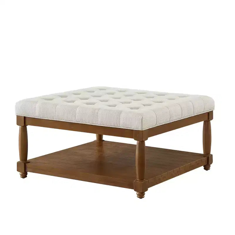 GDFStudio Chloe Modern Wooden Square Linen Upholstered Tufted Ottoman with Shelf Storage
