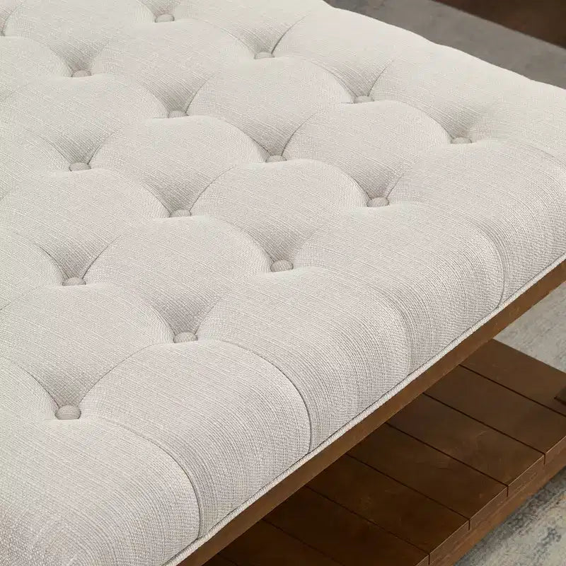GDFStudio Chloe Modern Wooden Square Linen Upholstered Tufted Ottoman with Shelf Storage