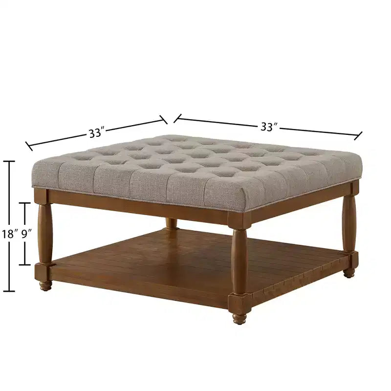 GDFStudio Chloe Modern Wooden Square Linen Upholstered Tufted Ottoman with Shelf Storage