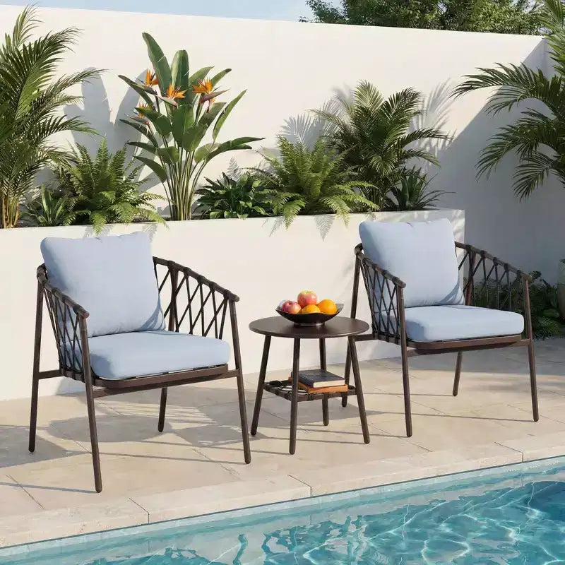 LAUSAINT HOME 3 Pieces Patio Bistro Set, Woven Rope Chairs with Cushions, Outdoor Furniture Set and Side Table