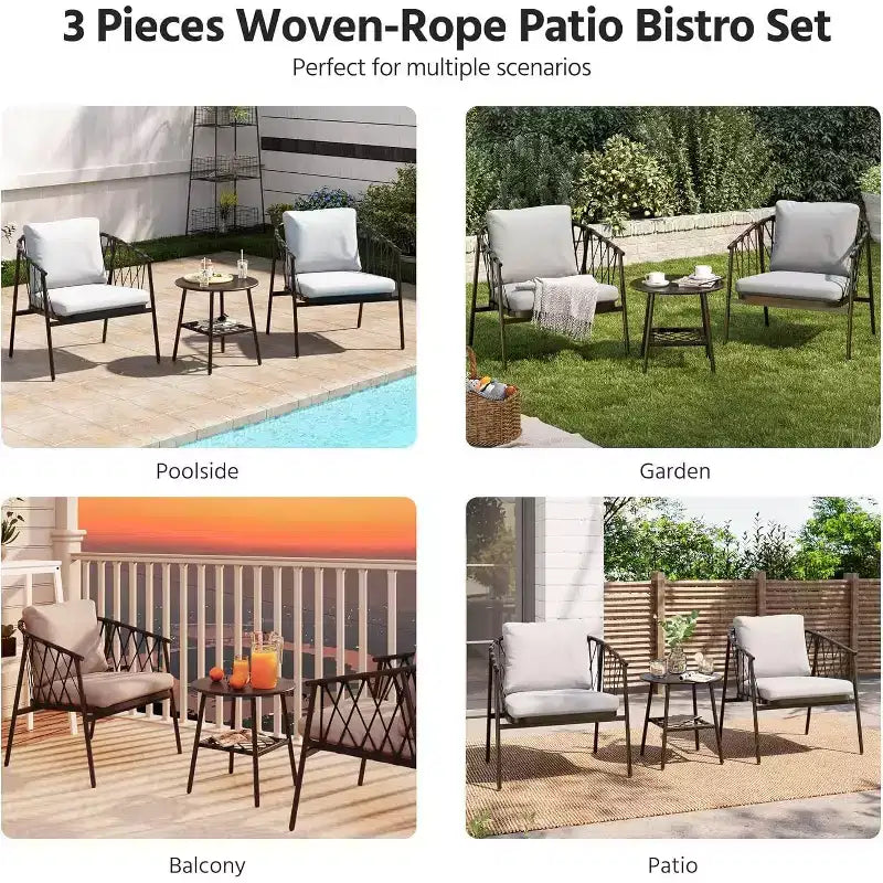 LAUSAINT HOME 3 Pieces Patio Bistro Set, Woven Rope Chairs with Cushions, Outdoor Furniture Set and Side Table
