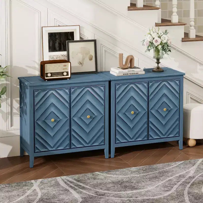 GDFStudio Jean Modern Wooden Geometric Embossed Storage Cabinet with 2 Magnetic Doors