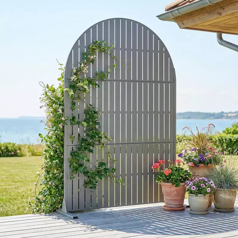 Dovelina 72H x 47W Arched Outdoor Metal Privacy Screen Freestanding Fence Panels in Light Gray/Brown for Garden Patio Deck Yard