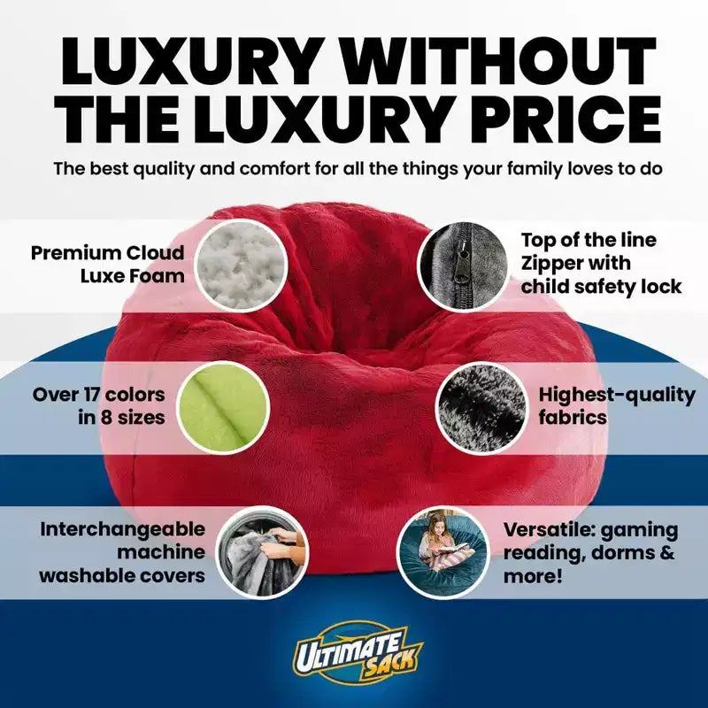 Ultimate Sack 5 Ft Foam Filled Fur Covered Bean Bag Chair with Footstool, Navy