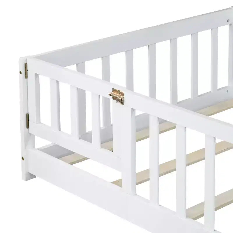 Luxystar Twin Size Floor Bed with Fence and Door for Kids' Room
