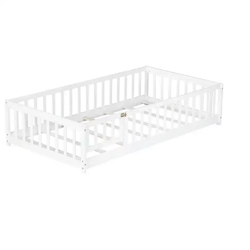 Luxystar Twin Size Floor Bed with Fence and Door for Kids' Room