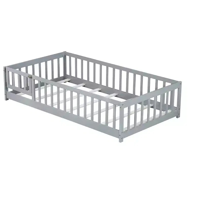 Luxystar Twin Size Floor Bed with Fence and Door for Kids' Room