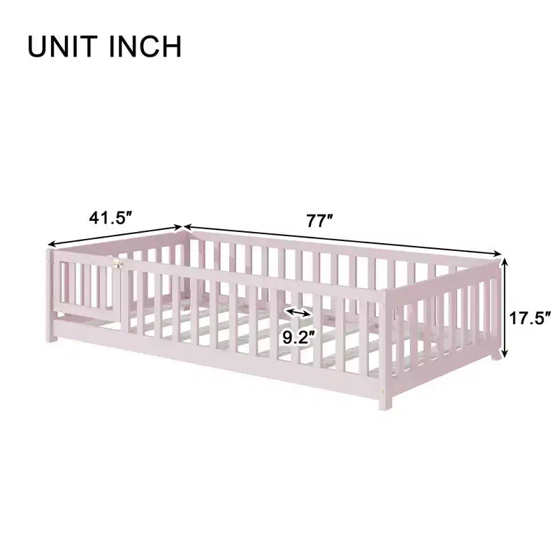 Luxystar Twin Size Floor Bed with Fence and Door for Kids' Room