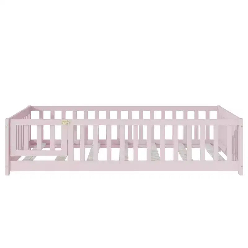 Luxystar Twin Size Floor Bed with Fence and Door for Kids' Room