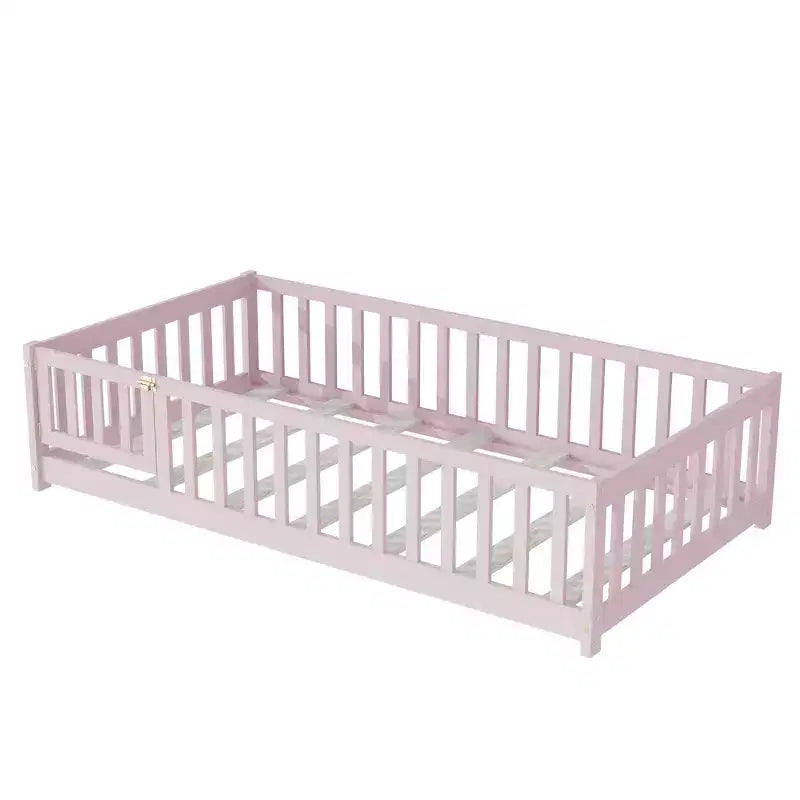 Luxystar Twin Size Floor Bed with Fence and Door for Kids' Room