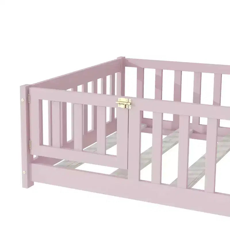 Luxystar Twin Size Floor Bed with Fence and Door for Kids' Room
