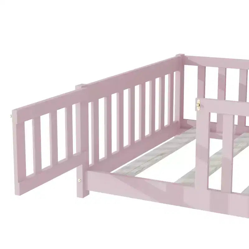 Luxystar Twin Size Floor Bed with Fence and Door for Kids' Room