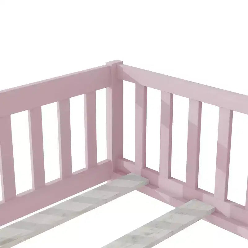Luxystar Twin Size Floor Bed with Fence and Door for Kids' Room