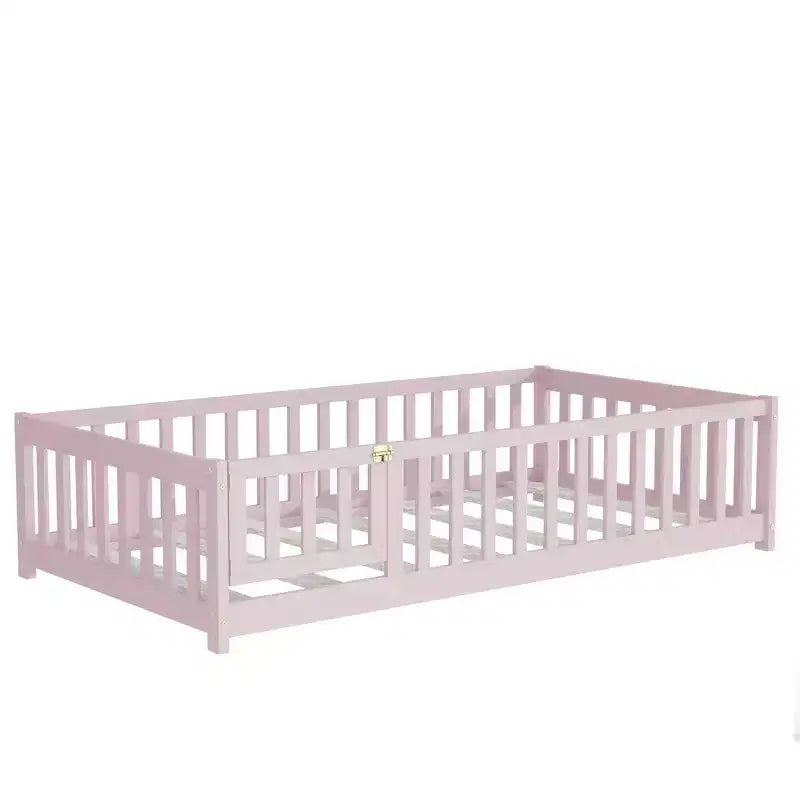 Luxystar Twin Size Floor Bed with Fence and Door for Kids' Room