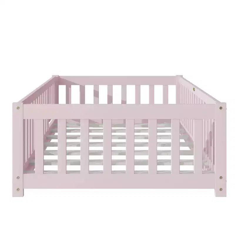 Luxystar Twin Size Floor Bed with Fence and Door for Kids' Room
