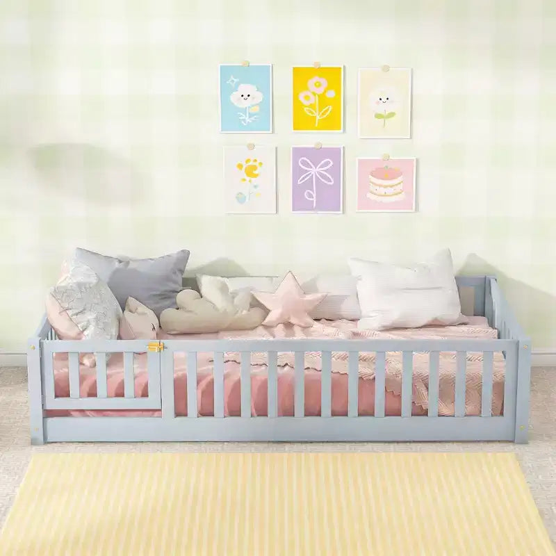 Luxystar Twin Size Floor Bed with Fence and Door for Kids' Room