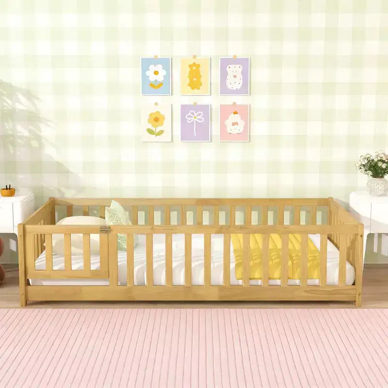 Luxystar Twin Size Floor Bed with Fence and Door for Kids' Room