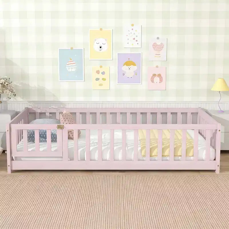 Luxystar Twin Size Floor Bed with Fence and Door for Kids' Room