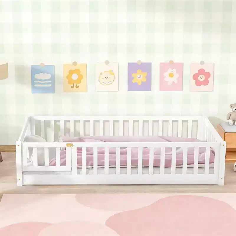 Luxystar Twin Size Floor Bed with Fence and Door for Kids' Room