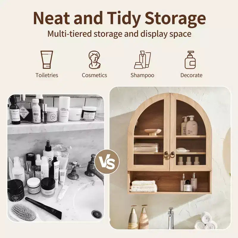 Arched Bathroom Wall Cabinet with Drawer, 28 Modern Medicine Cabinet with Adjustable Shelves, Over-Toilet Storage