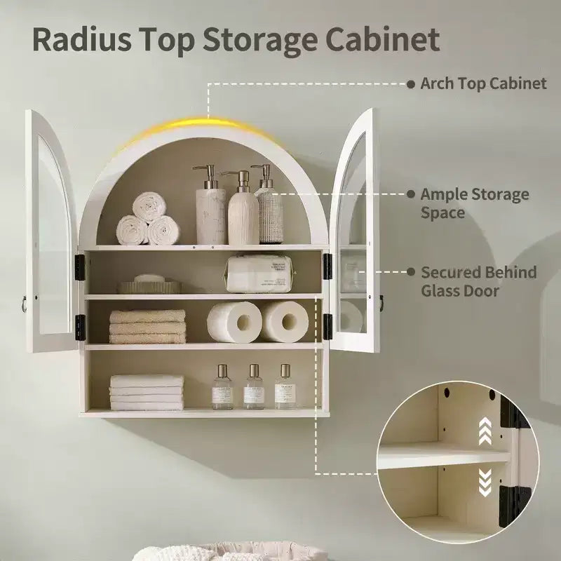 Arched Bathroom Wall Cabinet with Drawer, 28 Modern Medicine Cabinet with Adjustable Shelves, Over-Toilet Storage