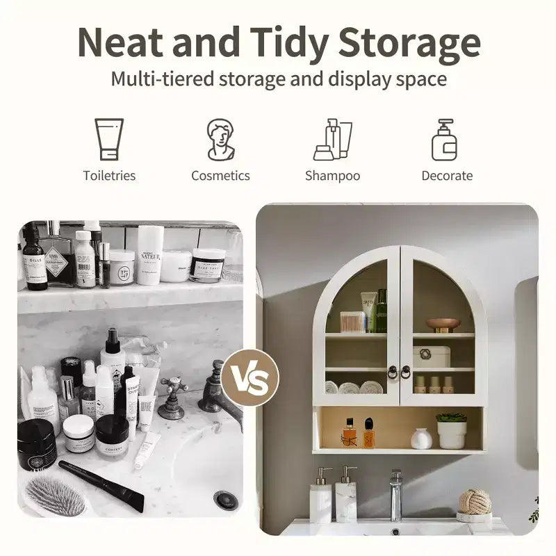 Arched Bathroom Wall Cabinet with Drawer, 28 Modern Medicine Cabinet with Adjustable Shelves, Over-Toilet Storage