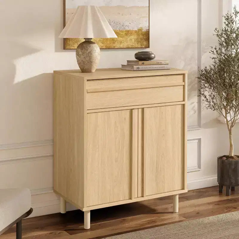 LuxenHome 31.5 Small Buffet Cabinet with Storage, Oak Accent Cabinet for Living Room, Dining Room, or Entryway Hazel Oak
