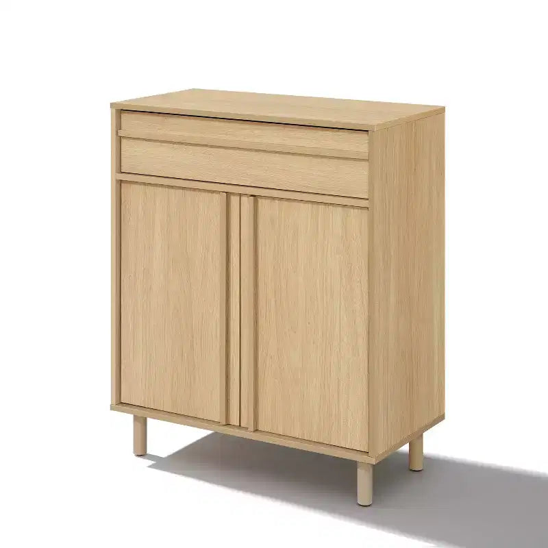 LuxenHome 31.5 Small Buffet Cabinet with Storage, Oak Accent Cabinet for Living Room, Dining Room, or Entryway Hazel Oak