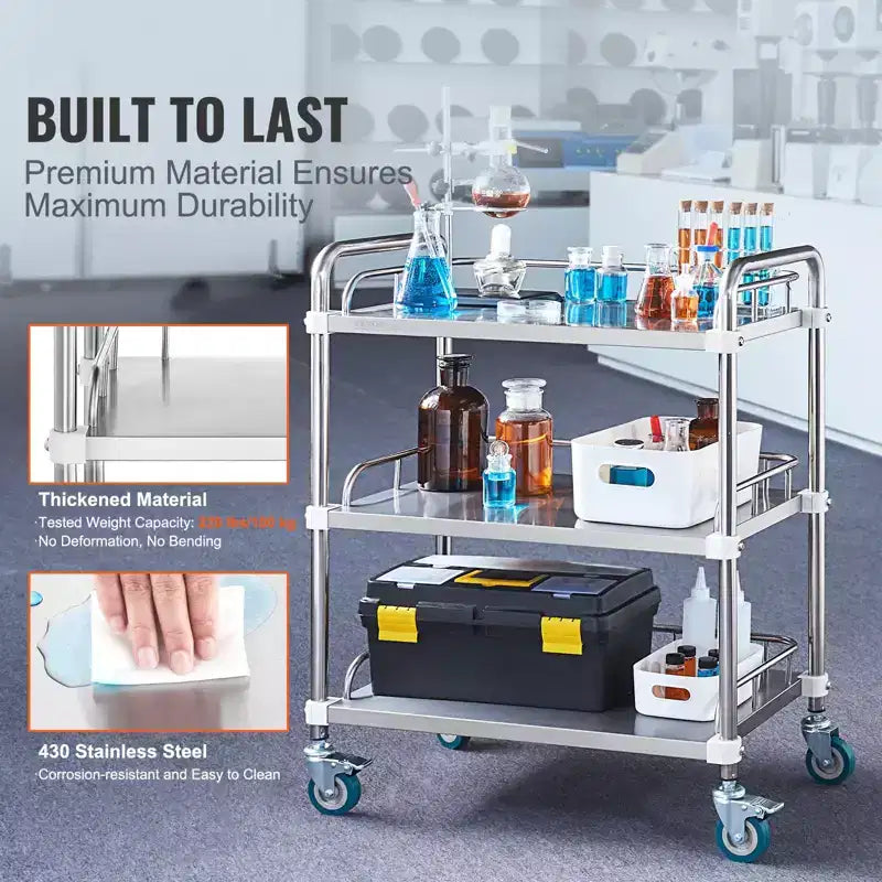 3-Shelf Stainless Steel Rolling Lab Cart with Guardrails and Swivel Casters 220 lbs Capacity Dental Utility Medical Trolley 26x16x34 Inch