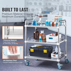 3-Shelf Stainless Steel Rolling Lab Cart with Guardrails and Swivel Casters 220 lbs Capacity Dental Utility Medical Trolley 26x16x34 Inch